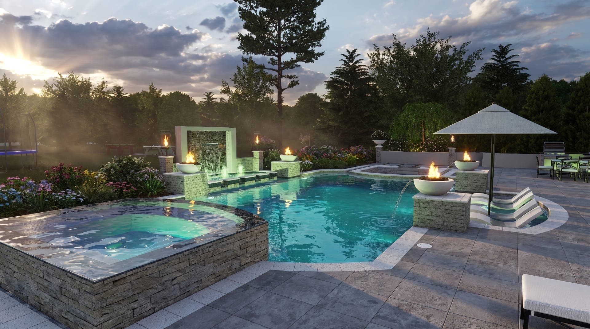 Twilight pool and raised spa with lit water wall, fire bowls, and stacked-stone spillover