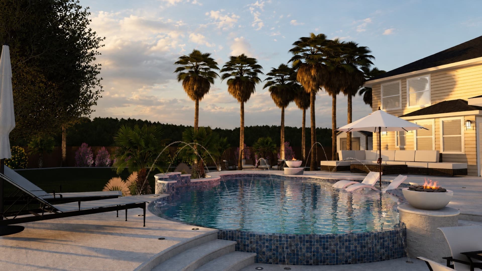 Lit pool with palm trees and outdoor lounge